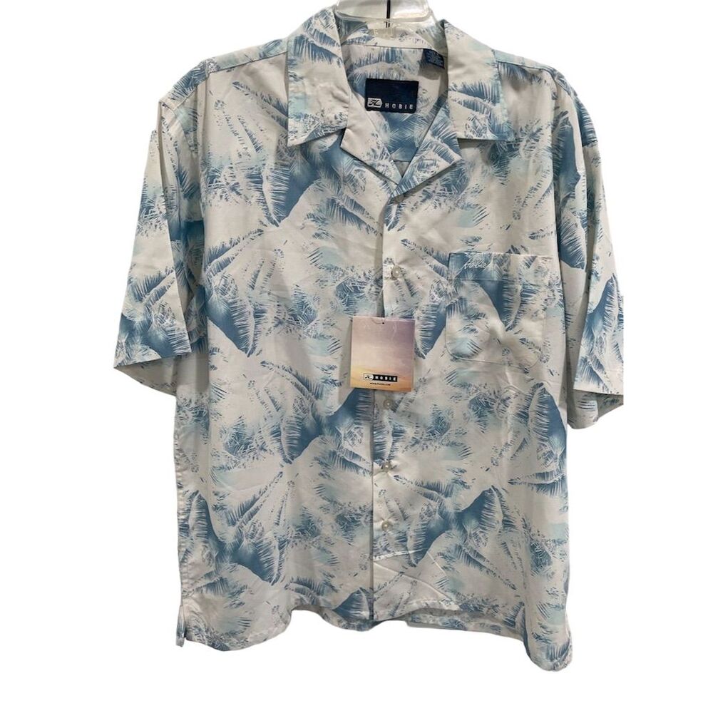 Hobie Men's Tropical‎ Hawaiian Beach Shirt Light Blue Palm Print Size L